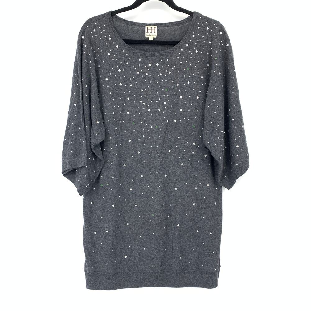 Haute Hippie Sweater Womens Medium Gray Rhinestone Sequin Dolman Sleeve Tunic